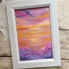 オイルパステル画　幻想の夕陽　　2026 海の絵