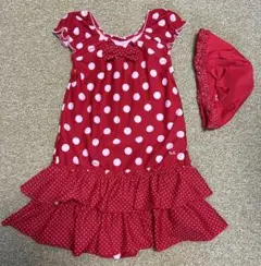 【美品】ミキハウス ワンピース 水着 帽子セット 水玉 フリル 赤 130