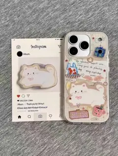 韓国風可愛い白猫デザインiPhoneケーススタンド付き耐衝撃透明カバー対応
