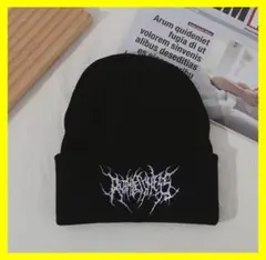 ビーニー ニット帽 Y2K グランジ デスメタル ロゴ 刺繍 黒 ストリート