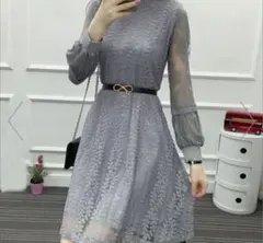 【新品タグ付】グレー パーティードレス L 韓国服　結婚式 発表会 総レース