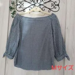 ギンガムチェック七分袖トップス　オフショルダー