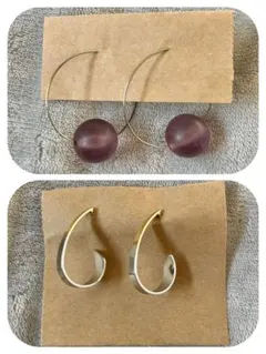 フープピアスセット 紫色ビーズとシルバーゴールド