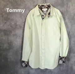 Tommy 薄緑色 長袖シャツ 袖チェック柄 Mサイズ