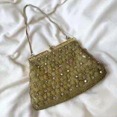 【美品】ヴィンテージ 総ビーズバッグ ゴールド ラインストーン がま口 和装