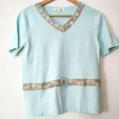 【美品】TEEHOUSE ビジュ刺繍Vネックカットソーライトブルー F春夏 上品