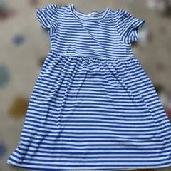 キッズ　女の子　青ボーダー　半袖ワンピース110