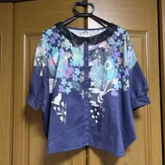 ScoLar 半袖シャツ ネイビー 花柄 レース襟 Mのサムネイル
