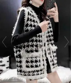 新品未使用◎ 韓国 千鳥柄ニットベスト モヘアタッチニットジレ DHOLIC