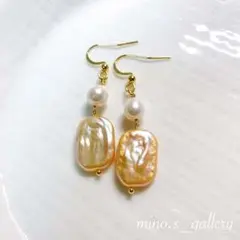 淡水パール オレンジスクエア型✳︎天然石ピアス&イヤリング