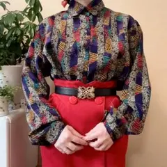 ヴィンテージ 昭和レトロ デザインストライプ シャツブラウス マルチカラー 黒