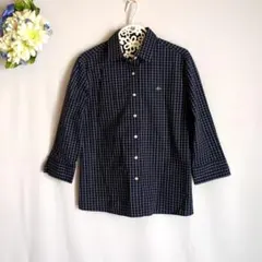 値下げ♪ラコステ　ネイビー　チェック柄　七分袖シャツ　ストレッチ　L　日本製　綿