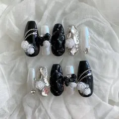 ネイルチップ ワンホン フレンチガーリー 量産型 スナ系 ブラック リボン バラ