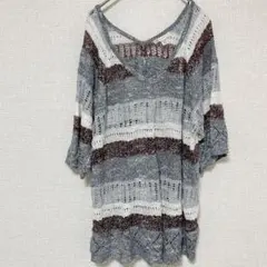 CATO 【18/20W】 ストライプ オフショルダー サマーセーター グレー