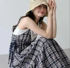 BLUEEAST チェック柄サイドリボンキャミワンピース