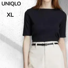 【ユニクロUNIQLO】リブボートネックTシャツブラック 五分袖 XL