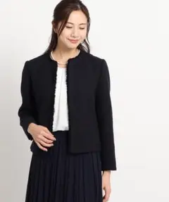 美品◆Dessin◆デッサン ノーカラー ツイードジャケット 紺 M セレモニー