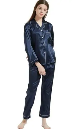 XL レディース パジャマ 上下セット ルームウェア 部屋着 長袖 ネイビー