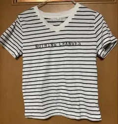 ホワイト/ブラックストライプ VネックTシャツ S