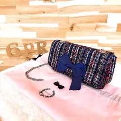 【ミュゲ】ツイード グログラン リボン チェーン 2way ショルダーバッグ 紺