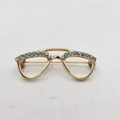 ヴィンテージ 眼鏡 ブローチ ラインストーン ゴールド ブルー めがね