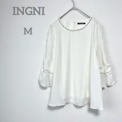 イング　シフォンブラウス M ホワイト 七分袖シャツ ゴージャス　パール付き