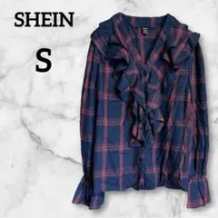最終価格✨SHEIN【S】ネイビーとレッドのチェックシャツ フリル カジュアル