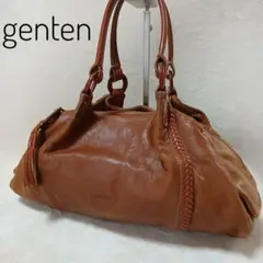 【genten】編み込みレザー　ロゴ型押し タッセル　レザー　ハンドバッグ