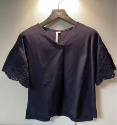 半袖　ブラウス　シャツ　オフィスカジュアル　ネイビー　紺　レース　レディース