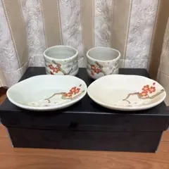 桜と梅の花柄 湯飲みと皿 4点セット