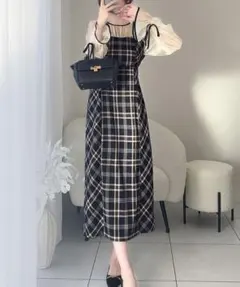 milybilet♡シャイニーシアードッキング Iラインチェック長袖ワンピース