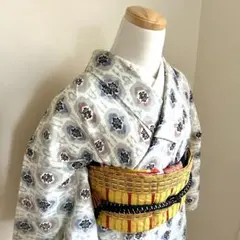 ウール着物 単着物 白 グレー 名古屋帯 黄色 格子柄 縞模様