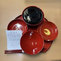 新品未使用 会津塗 お食い初め用 赤黒食器セット