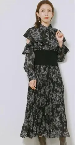 SNIDEL ウェストリブシャツワンピース 長袖バージョン ブラック