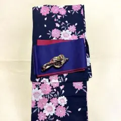 シルバーラメ　花柄浴衣・帯セット ネイビー