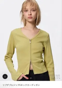 GU リブダブルジップVネックカーディガン イエロー M