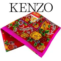 【極美品】KENZO ハンカチ 花柄 フラワー レッド 赤 総柄 シール付きのサムネイル
