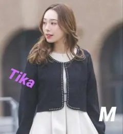 Tika キャバ、ラウンジ、パーティ、デート♡黒 ビーズ装飾 クロップドカーデ