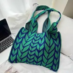 ニットバッグ リーフ柄 トートグリーンボタニカルデザイン軽量大容量レディース秋冬