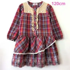 スーリー souris 120cm レース付チェック柄ワンピース ピンク系