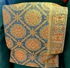 【期間限定】豪華絢爛!!袋帯 【正絹 六通】逸品 グリーン×金糸　成人式