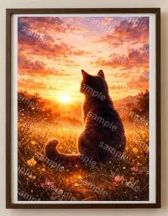 【水彩画アート】夕陽を見つめる猫の後ろ姿　2L版写真用紙