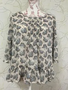 ANNA SUI 花柄シルク混ブラウス パープル S USA製 フレア袖 リボン 