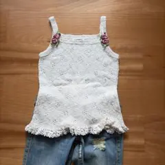 バラ刺繍透かし編みニットキャミソールホワイトのサムネイル