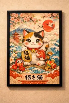 【原画一点物】「招きにゃんこ」招き猫 猫の絵 絵画 絵 動物画 ポップアート 原画一点物】「招き猫と心穏やかに待つ福」猫の絵 絵画 原画 動物画