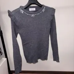 グレー ビジュー付き 長袖ニットセーター L