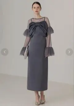 leja フリルチュールスリーブリボンIラインワンピースドレス S