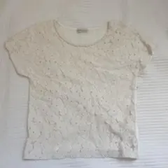 レースパール装飾ホワイト半袖トップス