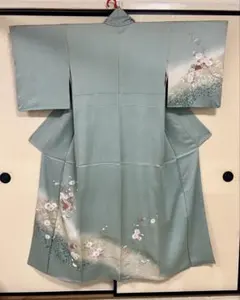 夏の絽　淡い青緑色 訪問着 草花模様　落款あり正絹 夏の絽 淡い青緑色 訪問着 草花模様 落款あり正絹 - メルカリ