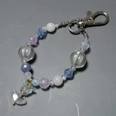青＆水色系ビーズストラップ｜ハンドメイドキーホルダー